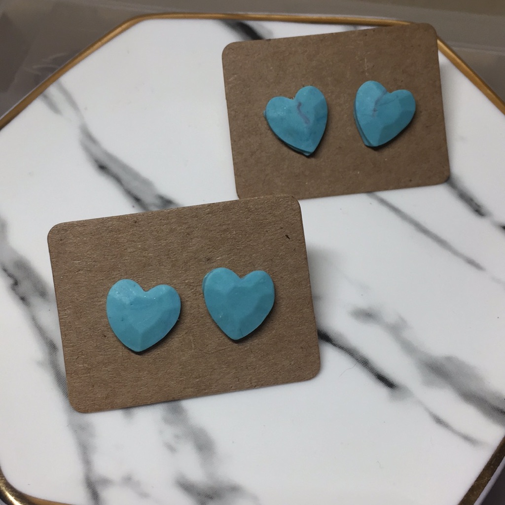 Handmade Polymer Clay Earrings- Aqua Heart Studs